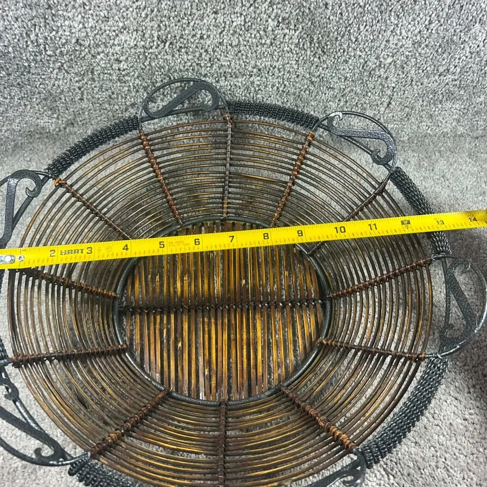 Wood Metal Wire Decorative Bowl Brown Scroll Handle Rustic Large 12in